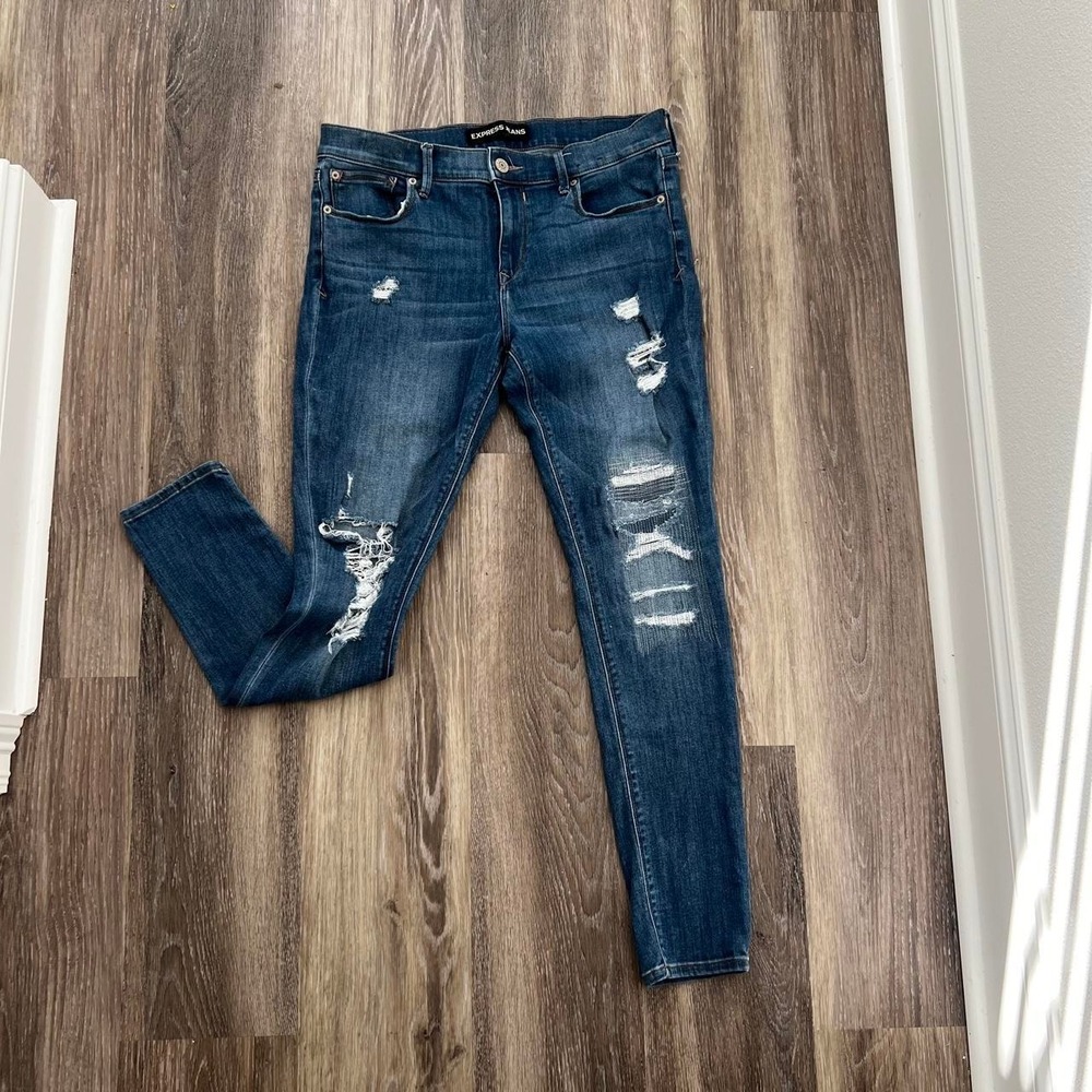Express Legging Mid Rise Distressed Skinny Jeans Blue Denim Womens 12R